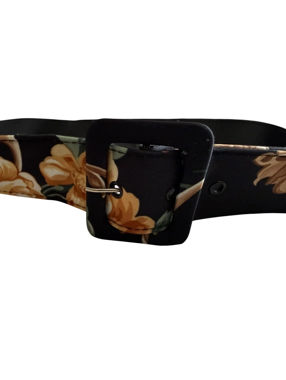 Vintage Black Floral Fabric Belt with Square Buckle Size Large
